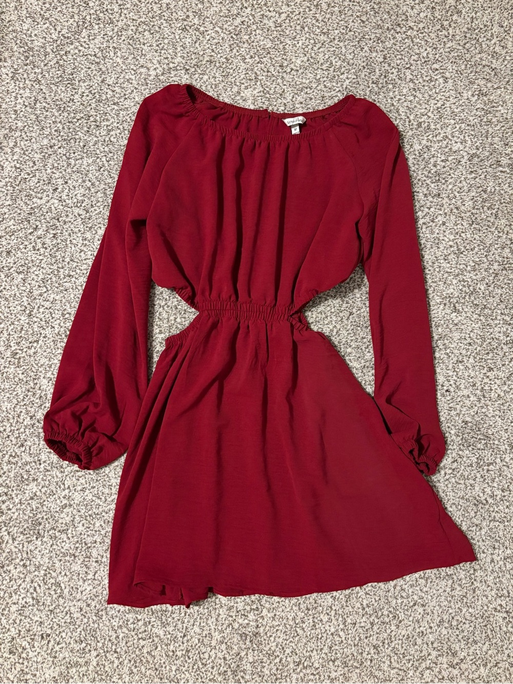 Elastic Waist Long Sleeve Cutout Dress in Burgundy